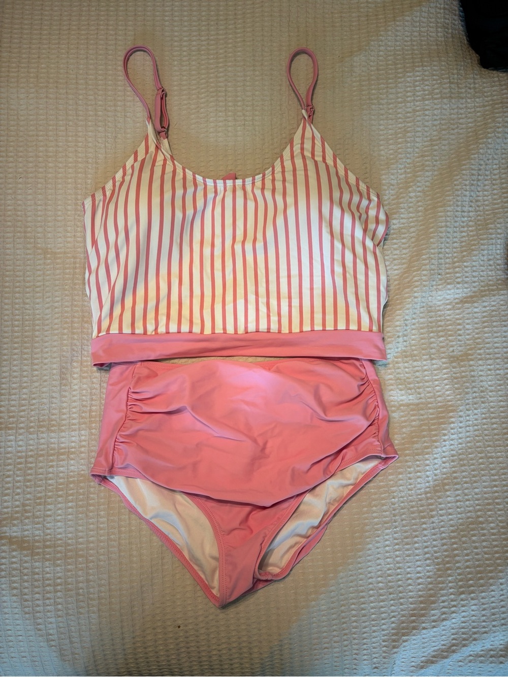 Coral Reef Pink Stripe Tankini Top & High-Waist Bikini Bottom Set
